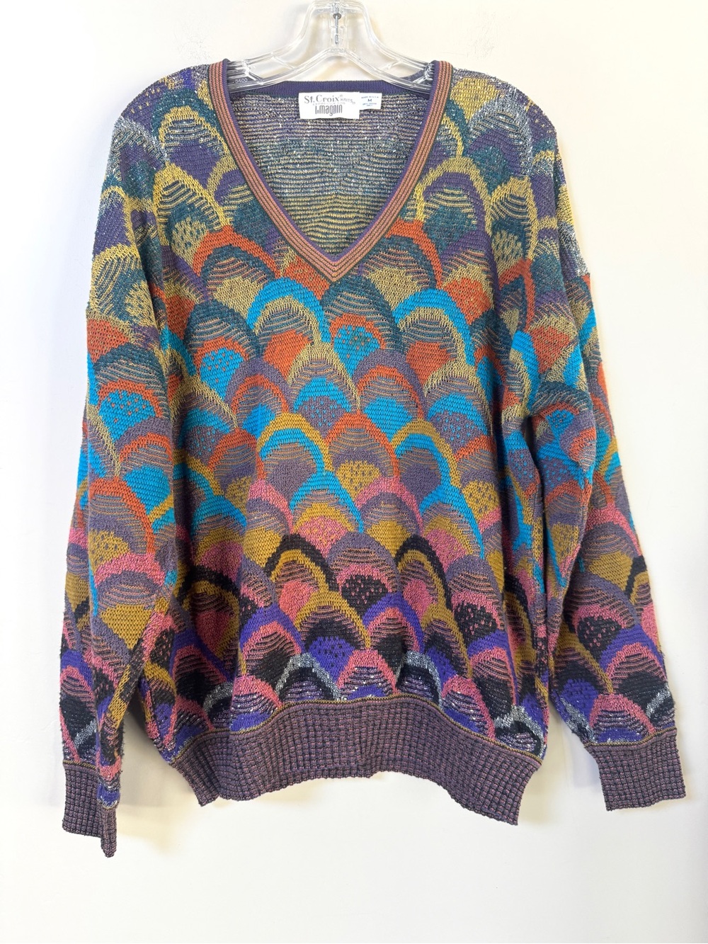 VTG St. Croix Neiman Marcus Multicolor V-Neck scallop fish scale Knit Sweater M